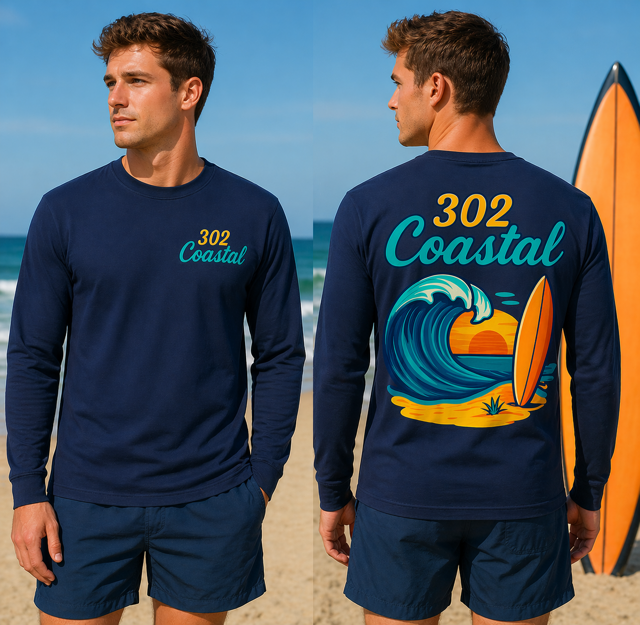 Long Sleeve T-shirt - 302 Coastal Wave with surfboard