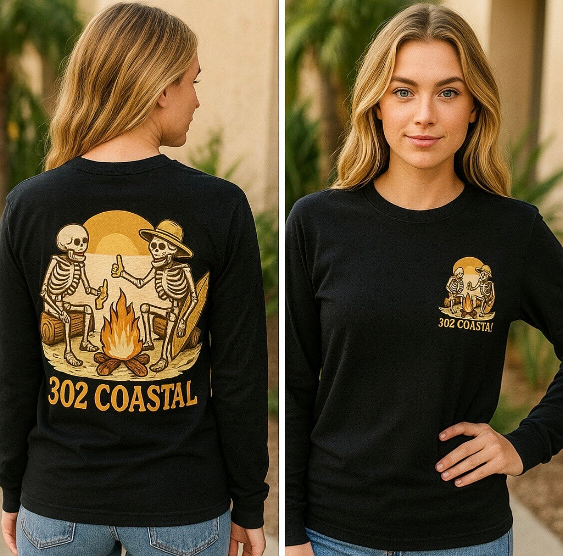 Long sleeve T-shirt black with Skeletons on the beach